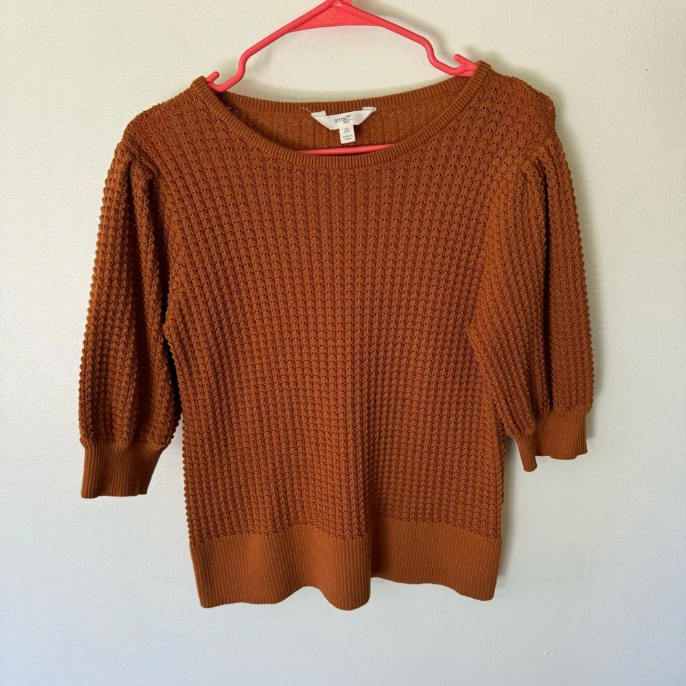 Time and tru burnt orange puff sleeve crochet knit short sleeve sweater OX/ 14 W - Picture 8 of 8